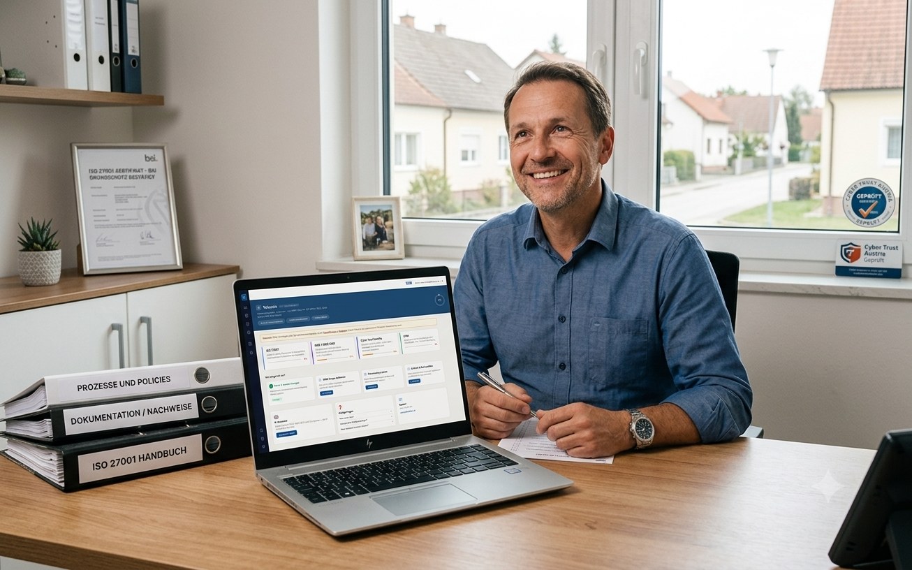 Geschäftsführer im Büro arbeitet mit Telconis am Laptop, ISO 27001- und Cyber-Trust-Austria-Zertifizierung im Hintergrund