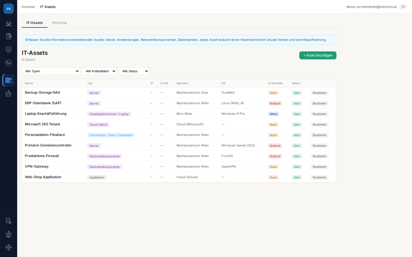 IT-Asset-Inventar mit 9 Assets, Kritikalität und Status