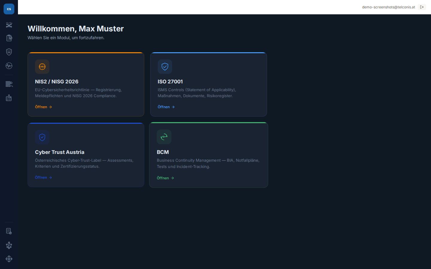 Telconis Dashboard — Modulübersicht NIS2, ISO 27001, Cyber Trust Austria, BCM