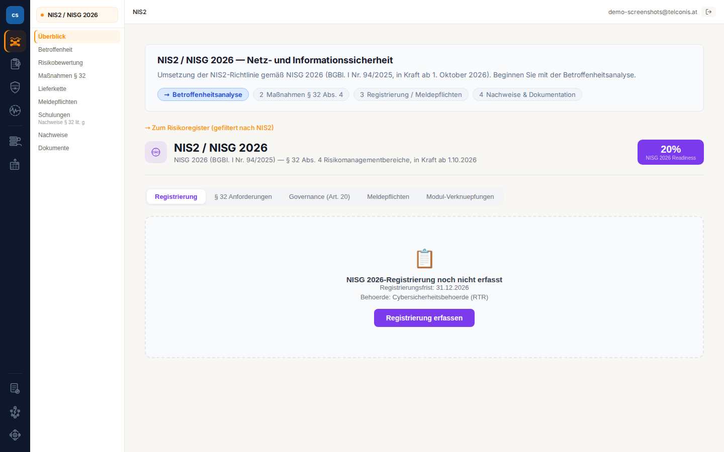 NIS2 / NISG 2026 — Betroffenheitsanalyse, § 32 Anforderungen, Readiness-Score